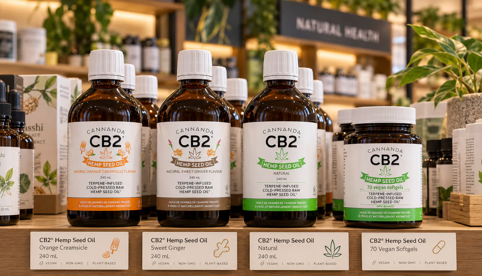 Cannanda CB2 hemp seed oils and softgels on a shop shelf